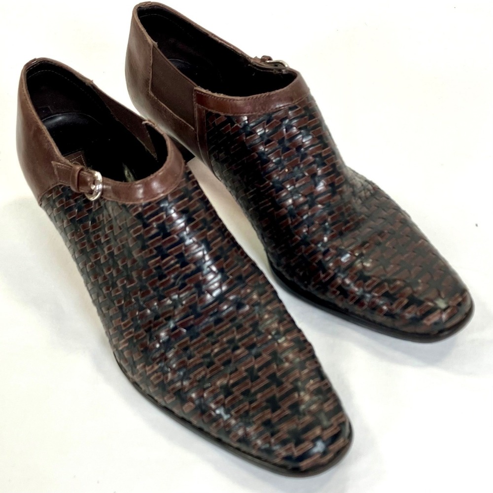 Brighton Turner Woven‎ Leather Ankle Boots Women's 10M Brown Block Heel Buckle